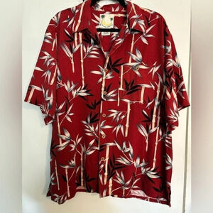 Banana Cabana 100%‎ silk red men's Hawaiian shirt sz XL 🌺 bamboo print 90s